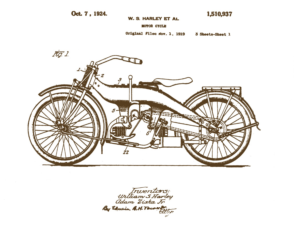 This image is a vintage patent of an old Harley motorcycle in vintage sepia tone.