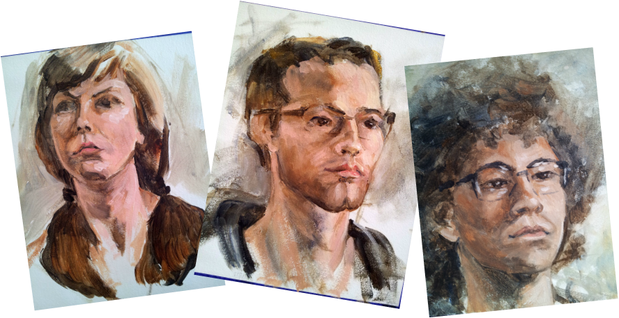 Three portraits in acrylic on canvas