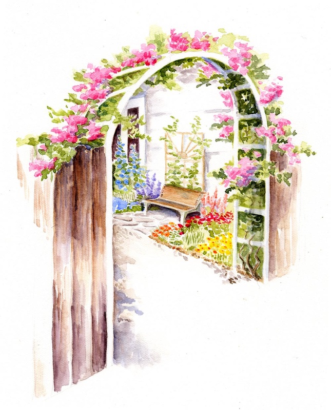 Watercolor botanical illustration of a garden gate opening into a garden full of flowers.