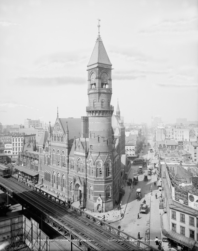 This is a repaired and restored vintage photo of Jefferson Market building in Greenwich Village, New York City, in black and white