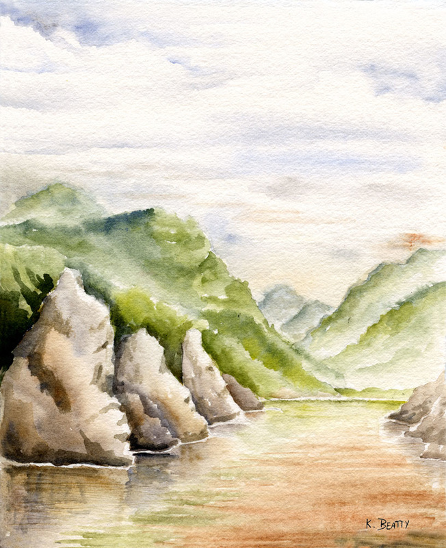 Watercolor plein air painting of a river scene along the Mekong River in Laos.