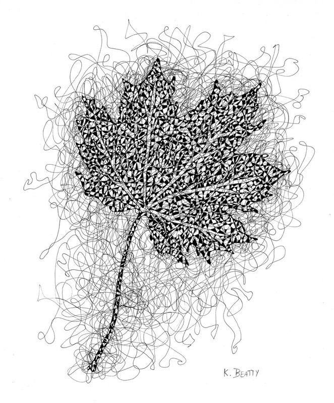 Pen and ink drawing of a maple leaf done in scribble lines.