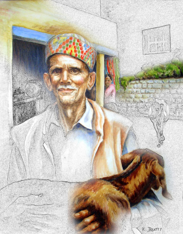 Digital art created from an oil painting of a Tibetan Refugee carrying a goat down the streets of Dharamsala.