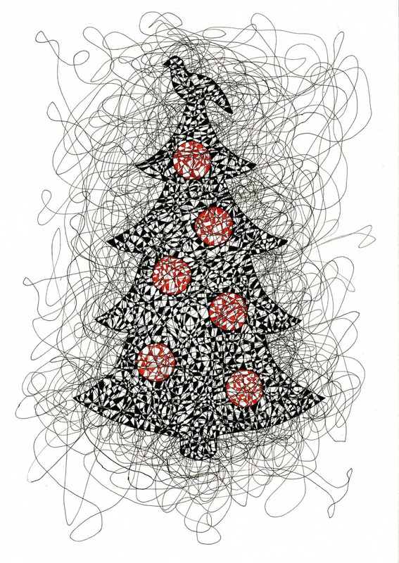 Pen and Ink line drawing of a Christmas tree with red balls and a dove on top done in scribble style.