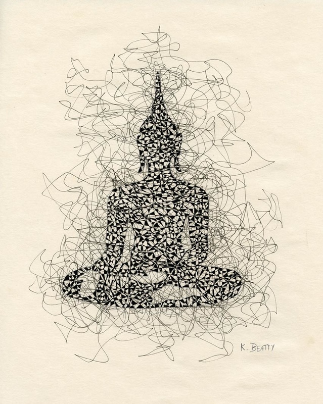 Pen and ink drawing of a seated Buddha meditating.