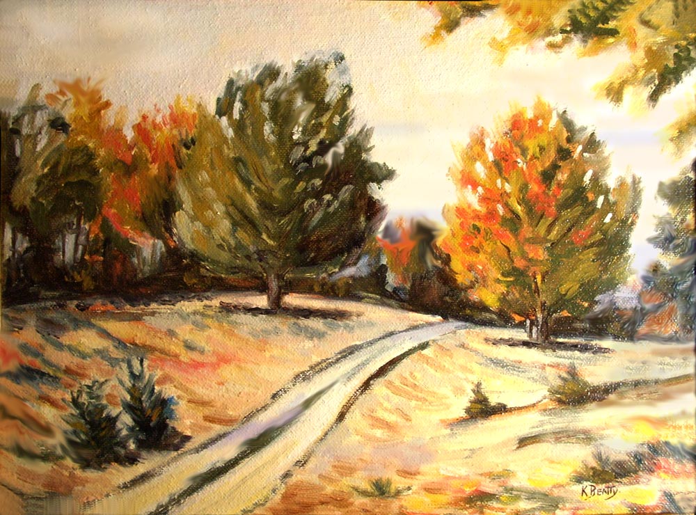 Oil painting of an old carriage path through an autumn landscape scene with colorful trees.