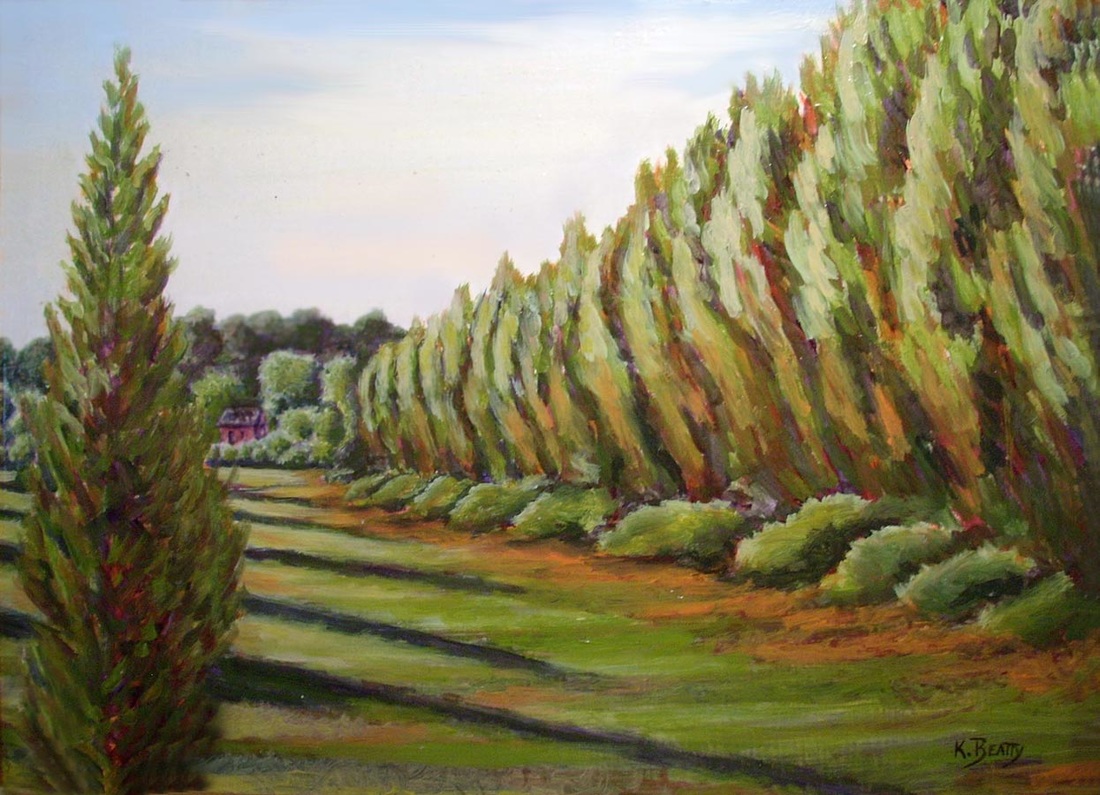 Oil painting of a long row of trees in evening light with long shadows.