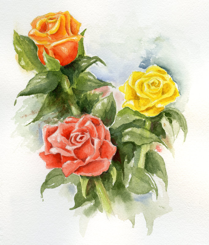 A bouquet of roses in red, yellow, and orange.