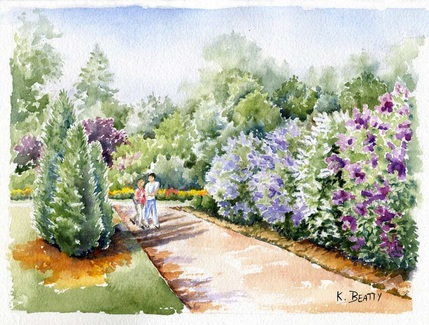 Watercolor painting of a couple walking down a shaded walkway lined with lilacs.