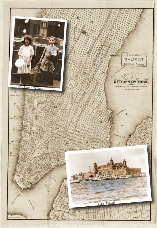 Vintage photo collage of New York City map, Ellis Island, and a boy and girl newly arriving to Ellis Island.