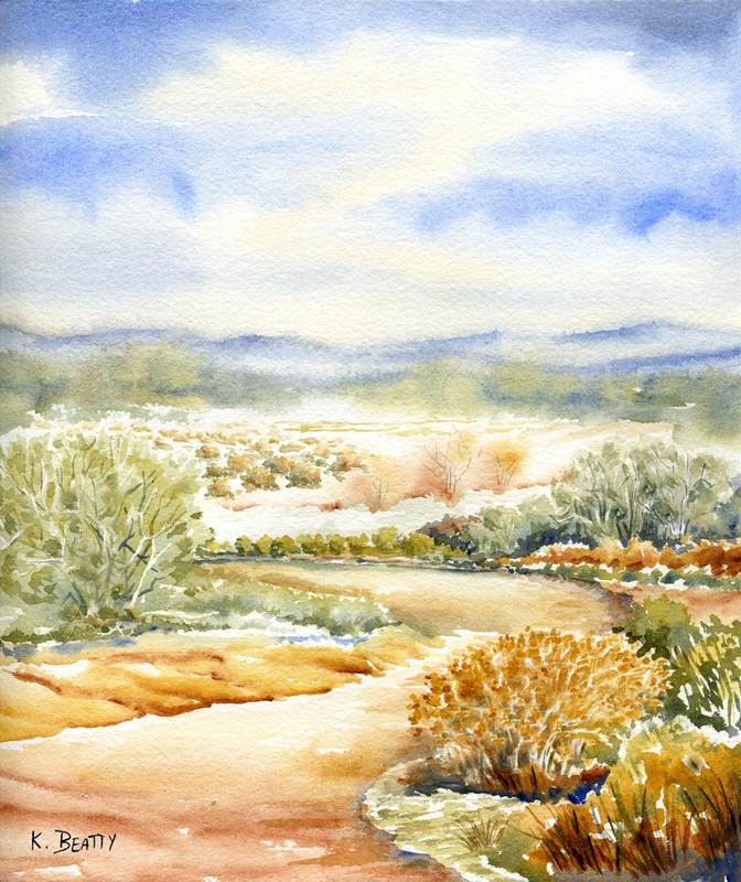 Watercolor painting of a desert landscape scene with distant mountains.