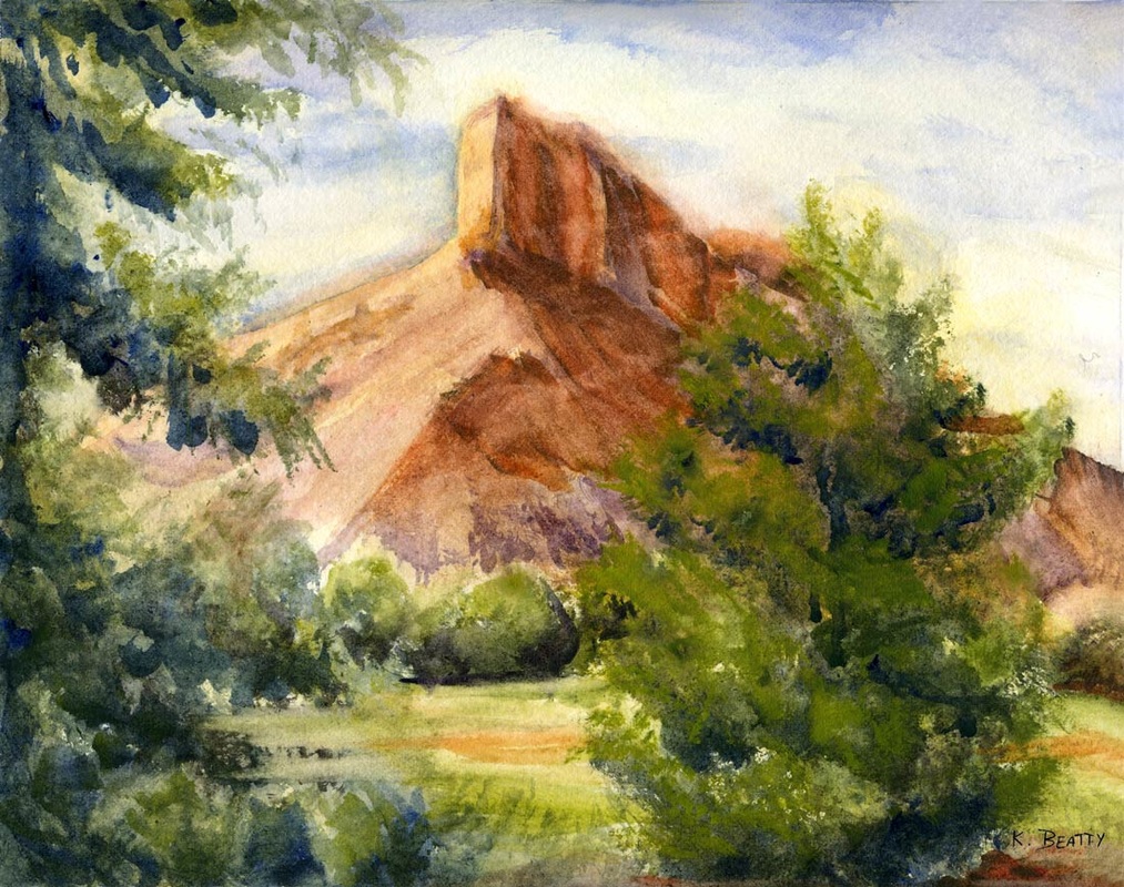 Watercolor painting of the looming palisade at Gateway Canyon on the border of Colorado and Utah.