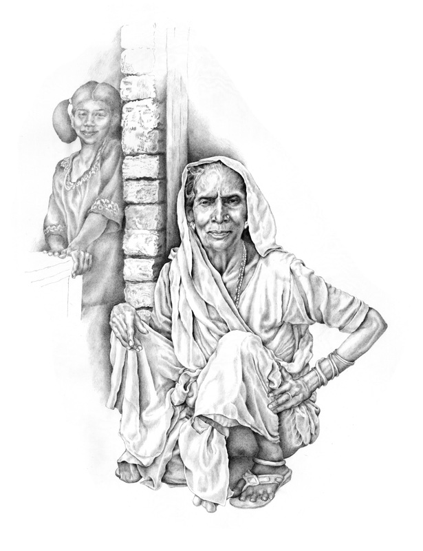 This is a graphite pencil drawing of a woman from the mysterious alleyways of Varansi, India.