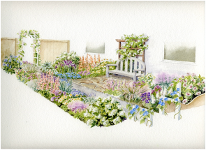 Watercolor painting of a garden scene with a wooden bench and many flowering plants.