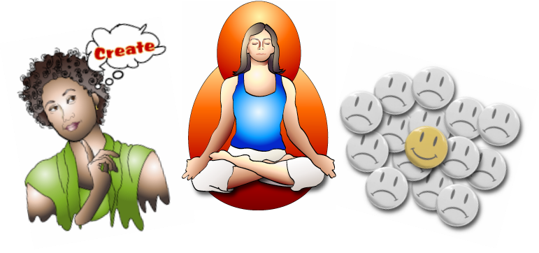 Three digital images of a creative person, meditation, smiley face frowny face buttons