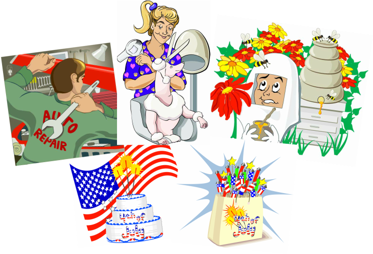 Five vector illustrations, auto mechanic, dog groomer, bee keeper, 4th of july birthday cake, fourth of july bag of fireworks.