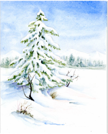 Winter landscape scene in watercolors with snow on evergreen tree, distant winter trees, and snowy mountains.