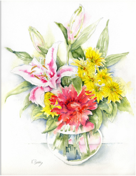 Watercolor painting of a vase with red zinnia, stargazer lily, and yellow daisies.