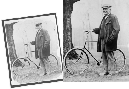 A damaged vintage photo of JDRockefeller and a bicycle is restored and repaired.