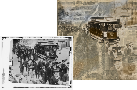 Vintage photo of a trolley and police officers, with a digital art print of a vintage map of New York City.