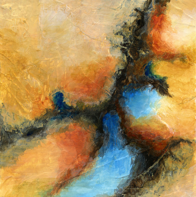 Fresh Air is an abstract acrylic painting with lively energetic colors of gold, blue, orange, red, yellow.