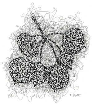Pen and ink drawing of aspen leaves done in a scribble style.