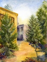Oil painting of a yellow building in Denver, Colorado with a tree in front.