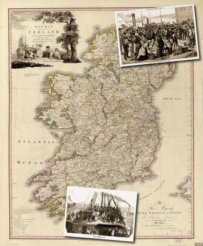 Vintage Map photo montage of Ireland, with photos of immigrants and steamer ships crossing the Atlantic.