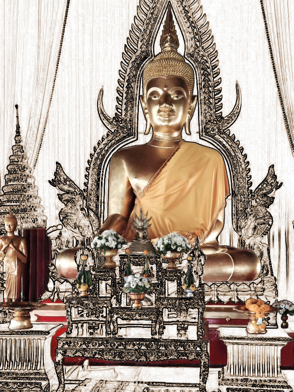 Stylized art of a large gold buddha from a  photo taken at a temple in Thailand.