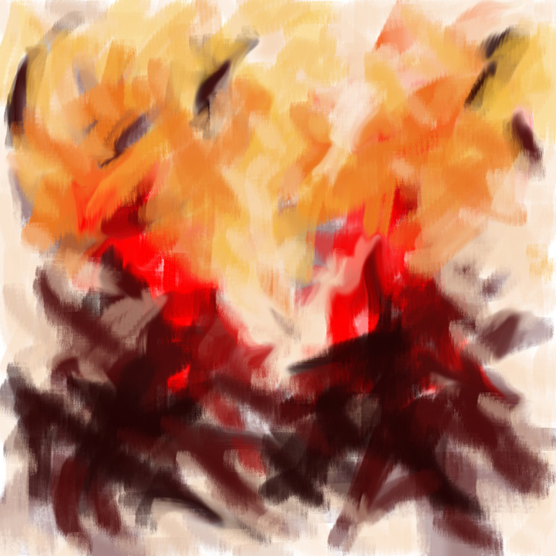 Colorful abstract digital painting in reds and yellows.