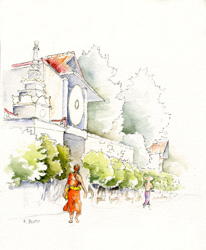 Watercolor painting of an orange robed Buddhist monk walking outside the entrance to his monastery in Myanmar (Burma).