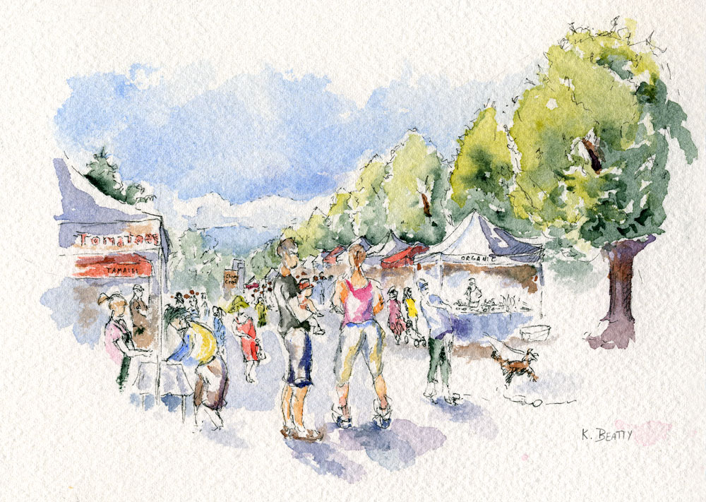 Watercolor painting of a farmer's market scene with people shopping.