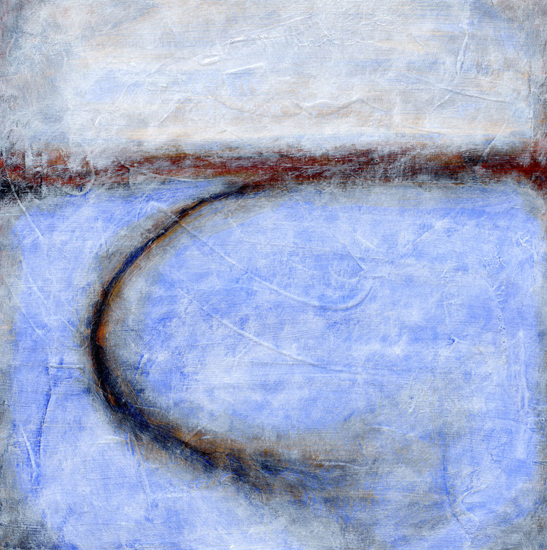 Portland Morning is an abstract acrylic painting in blue, grey, and brown, with a hint of orange.