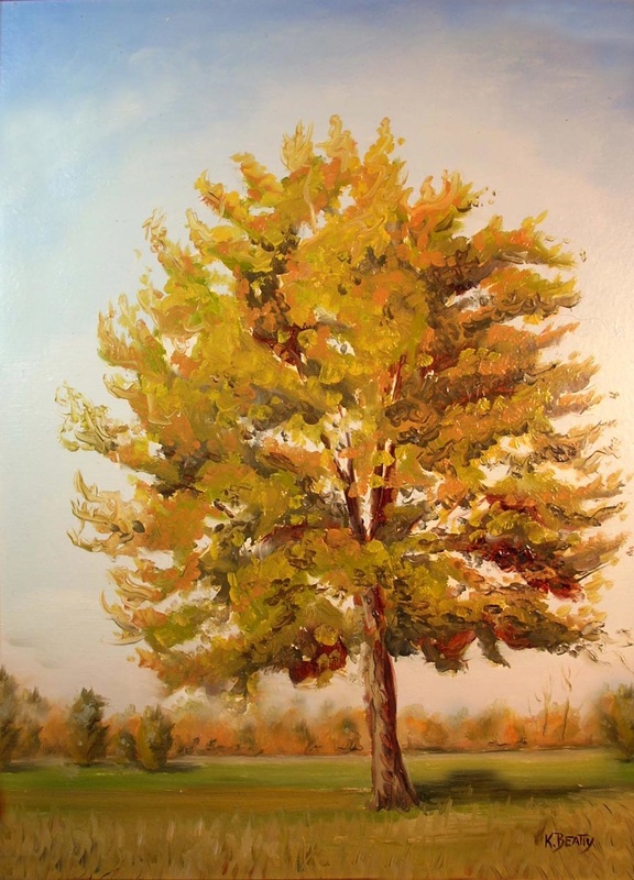 Oil landscape painting of a tree in Denver Colorado with yellow and orange autumn leaves,