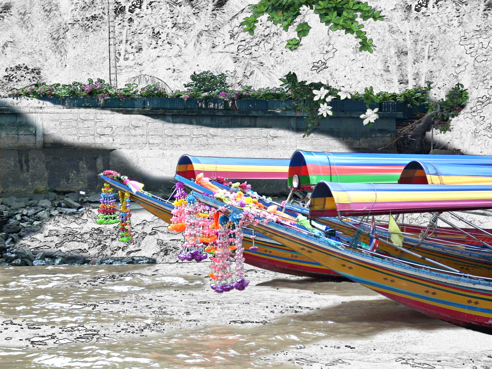 Colorful boats on the Bangkok River in Thailand, with flowers and rainbow canopies.