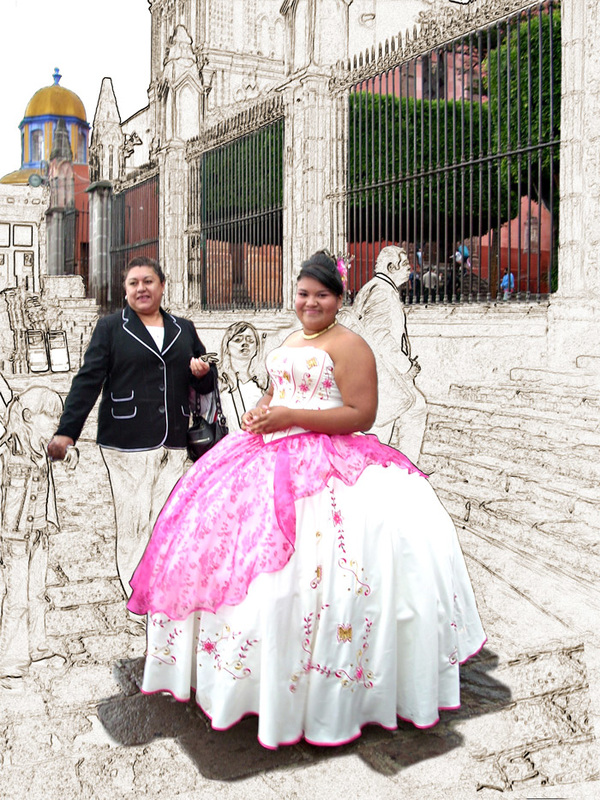 Beautiful young girl in a pink and white dress exits the Parroquia in San Miguel de Allende, Mexico.