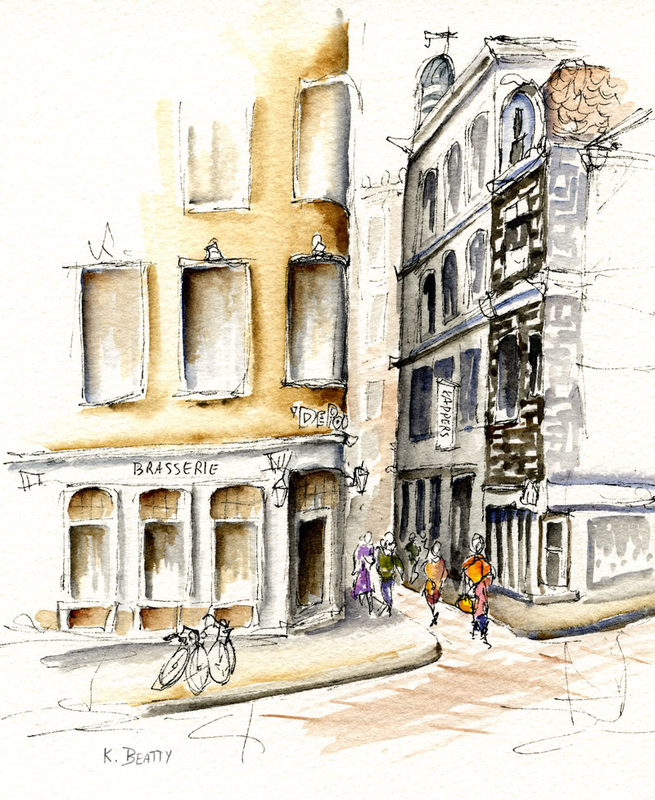 Watercolor plein air painting of a street scene in Amsterdam.