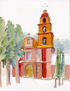Watercolor painting of the bell tower of a church in San Miguel de Allende.