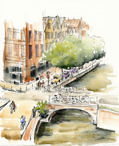 Watercolor and ink urban sketch of a street scene and canal in Amsterdam.