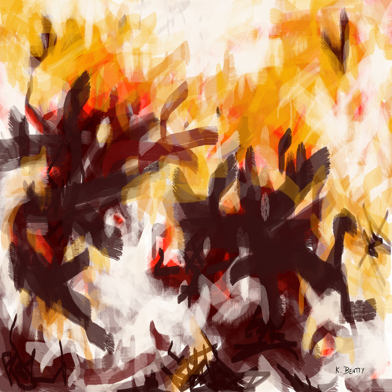 Abstract expressionist digital painting with yellow, orange, and red bursts of color.