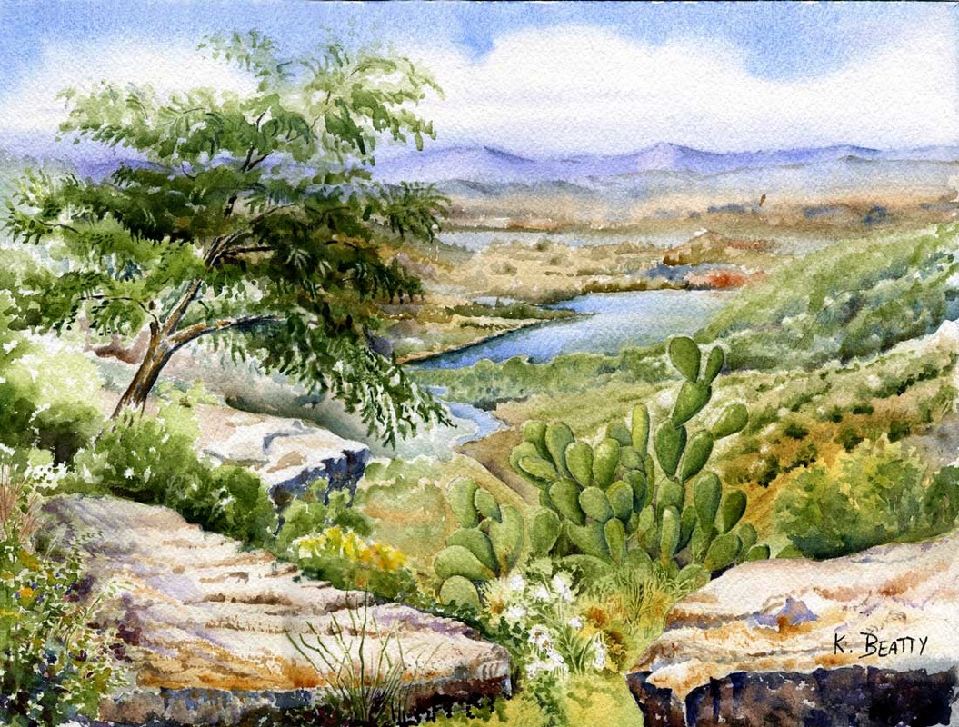 Watercolor landscape painting of the La Presa reservoir at El Charco in San Miguel de Allende, Mexico.
