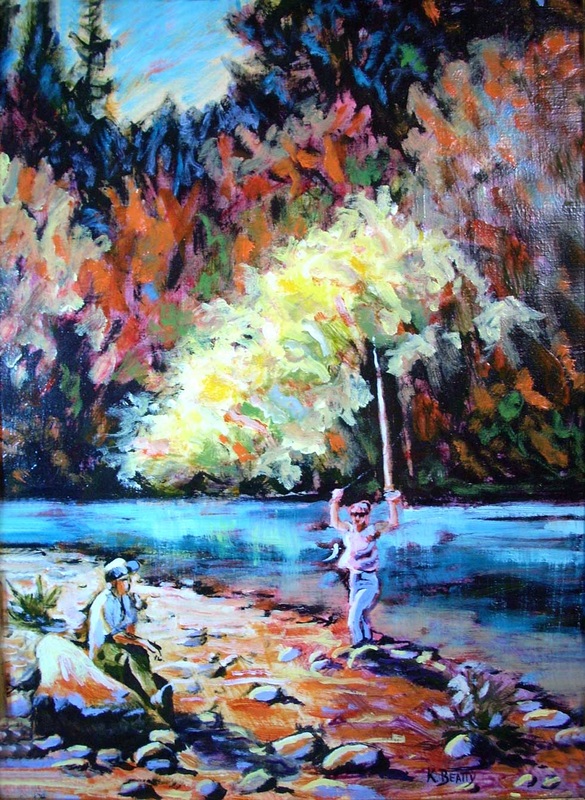 Oil painting of an older man and a young girl fishing, the girl has just caught a fish.