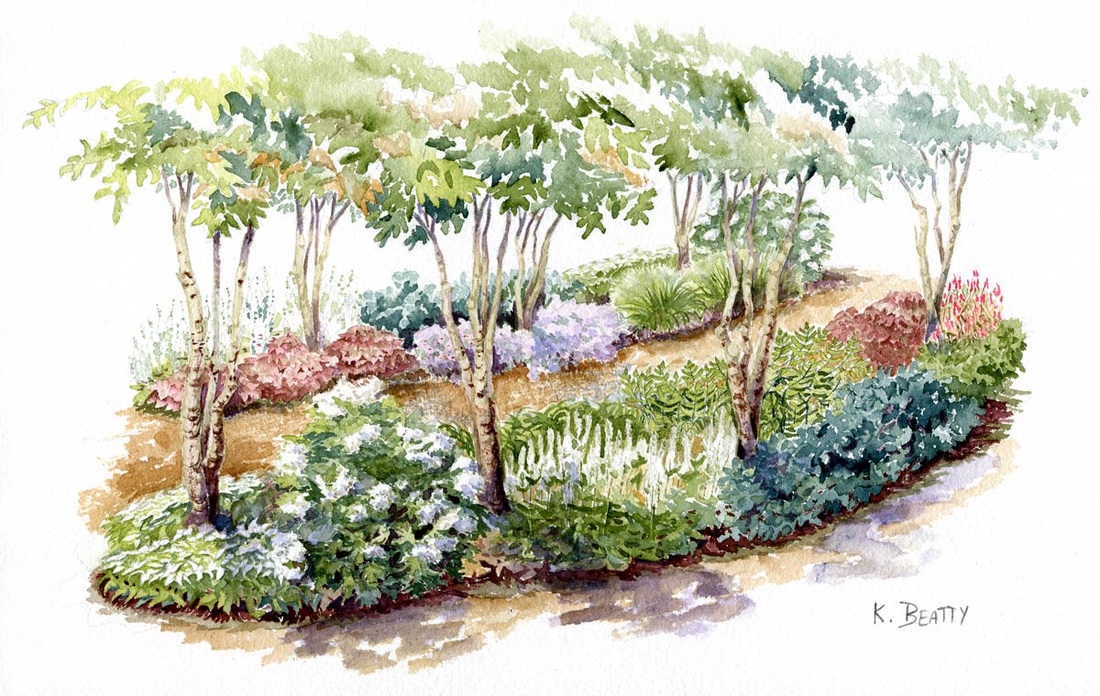 Watercolor painting of a botanical landscape scene of colorful garden flowers.