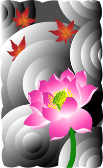 Digital poster of a pink lotus blossom and red Japanese maple leaves.