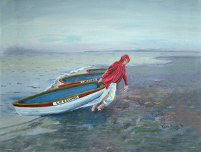 Oil painting of a young woman lifeguard pulling in a rowboat along the shoreline of a beach.