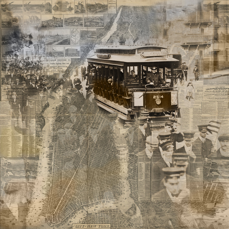 Digital photo collage using a vintage New York City map and old photos of a trolley car.