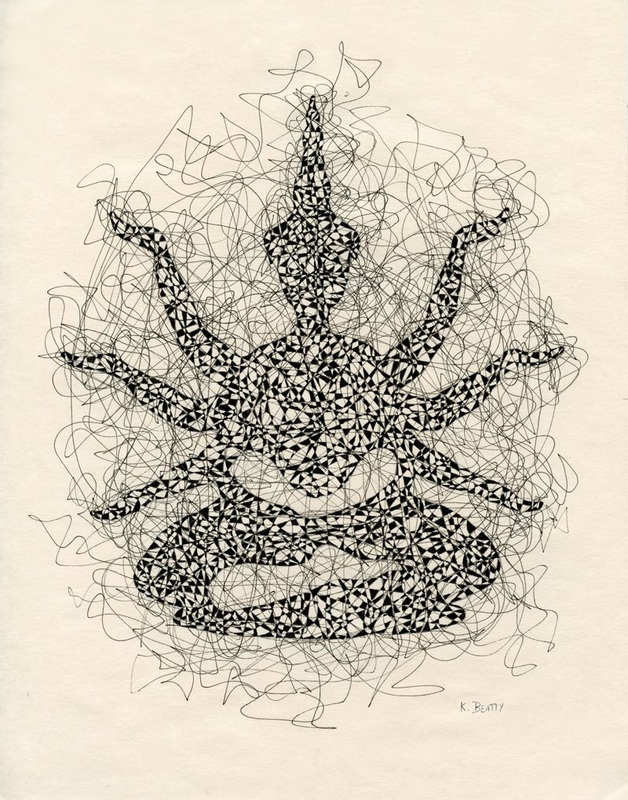 Pen and ink drawing in a scribble style of a Buddhist Bodhisatva with many arms.