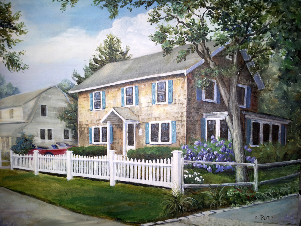 Acrylic painting on canvas of an old house on Cape Cod with a picket fence and red convertible.