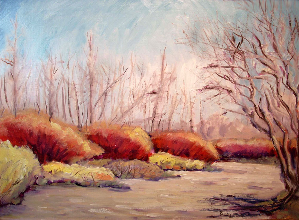 Oil painting of a winter scene of a the bare trees and winter shrubs along a dry creek bed in Colorado.