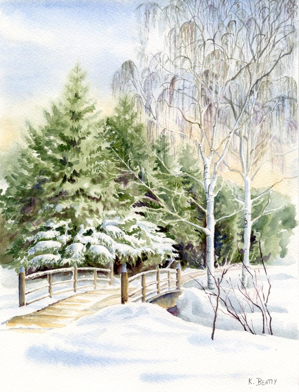 Watercolor painting of a snowy winter scene at the garden bridge in the Japanese garden at Denver Botanic Gardens.